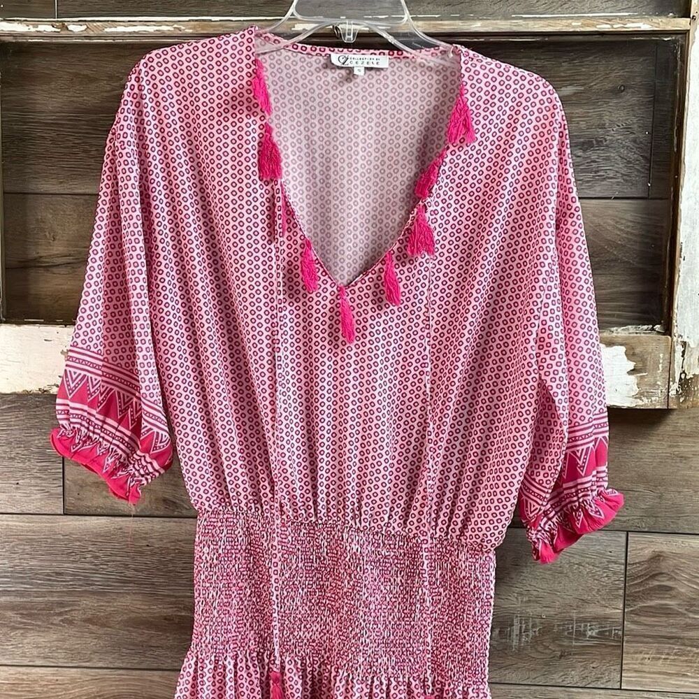 CZ COLLECTION BY CEZELE Womens Tassel Boho Dress Swimcover Sz Small Pink White - Picture 3 of 12